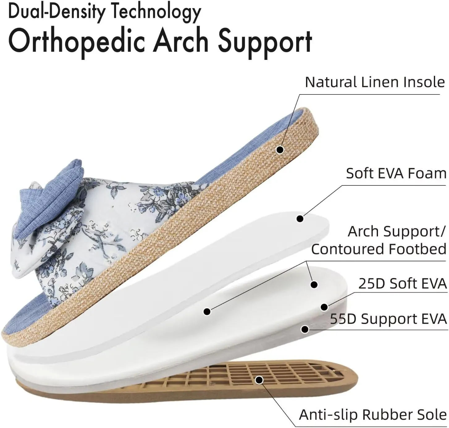 House Slippers for Women with Bow Comfy Indoor Open Toe Slides with Low Arch Support Rubber Sole for Summer