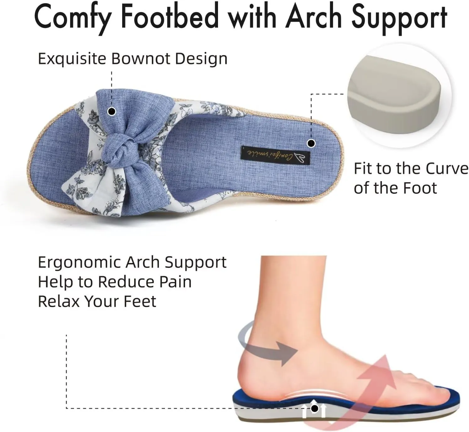 House Slippers for Women with Bow Comfy Indoor Open Toe Slides with Low Arch Support Rubber Sole for Summer