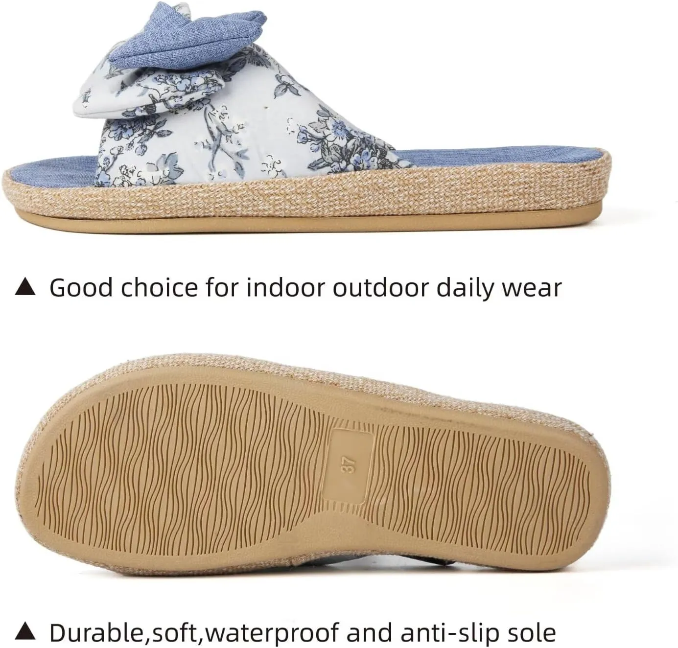 House Slippers for Women with Bow Comfy Indoor Open Toe Slides with Low Arch Support Rubber Sole for Summer