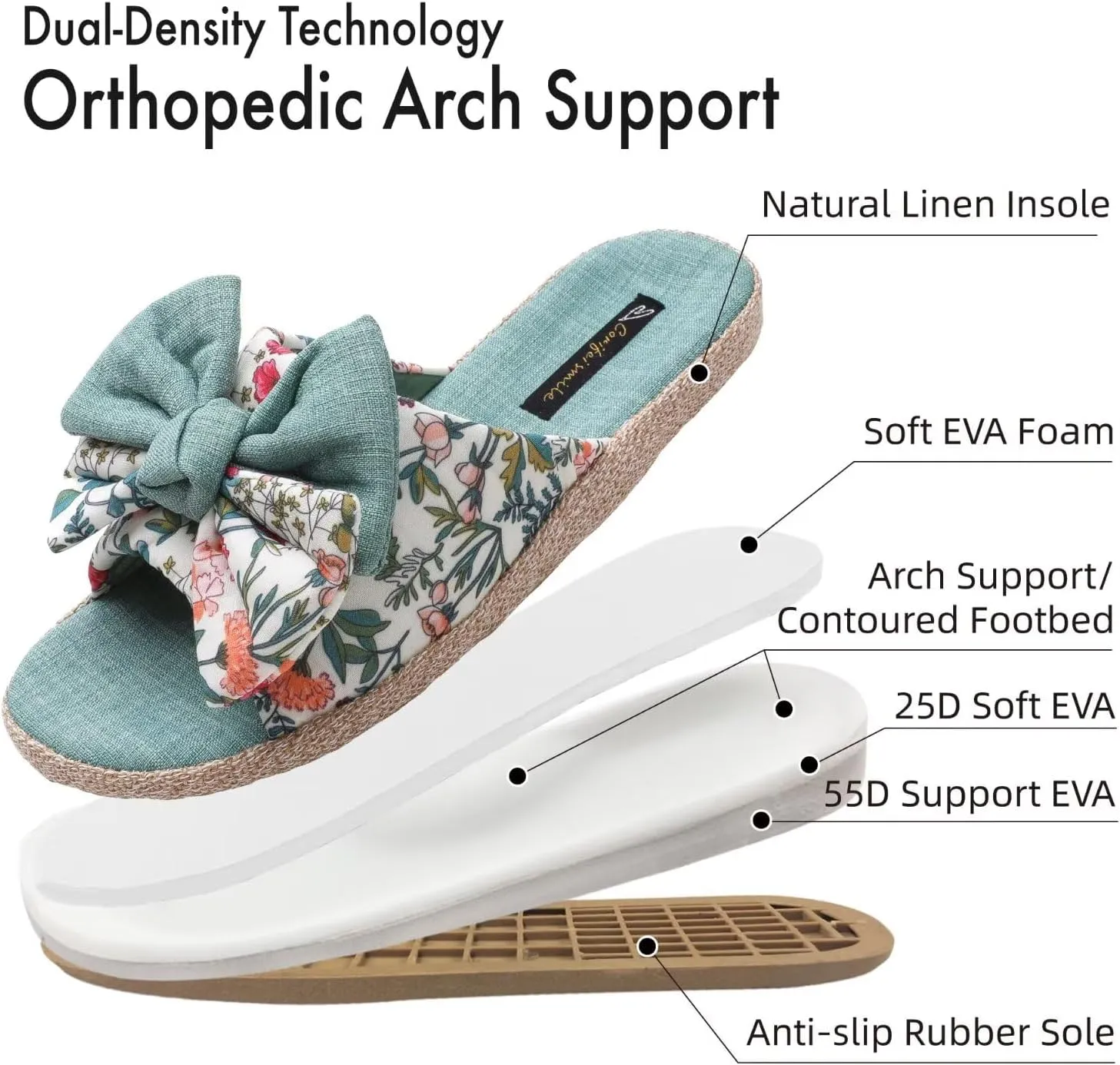 House Slippers for Women with Bow Comfy Indoor Open Toe Slides with Low Arch Support Rubber Sole for Summer