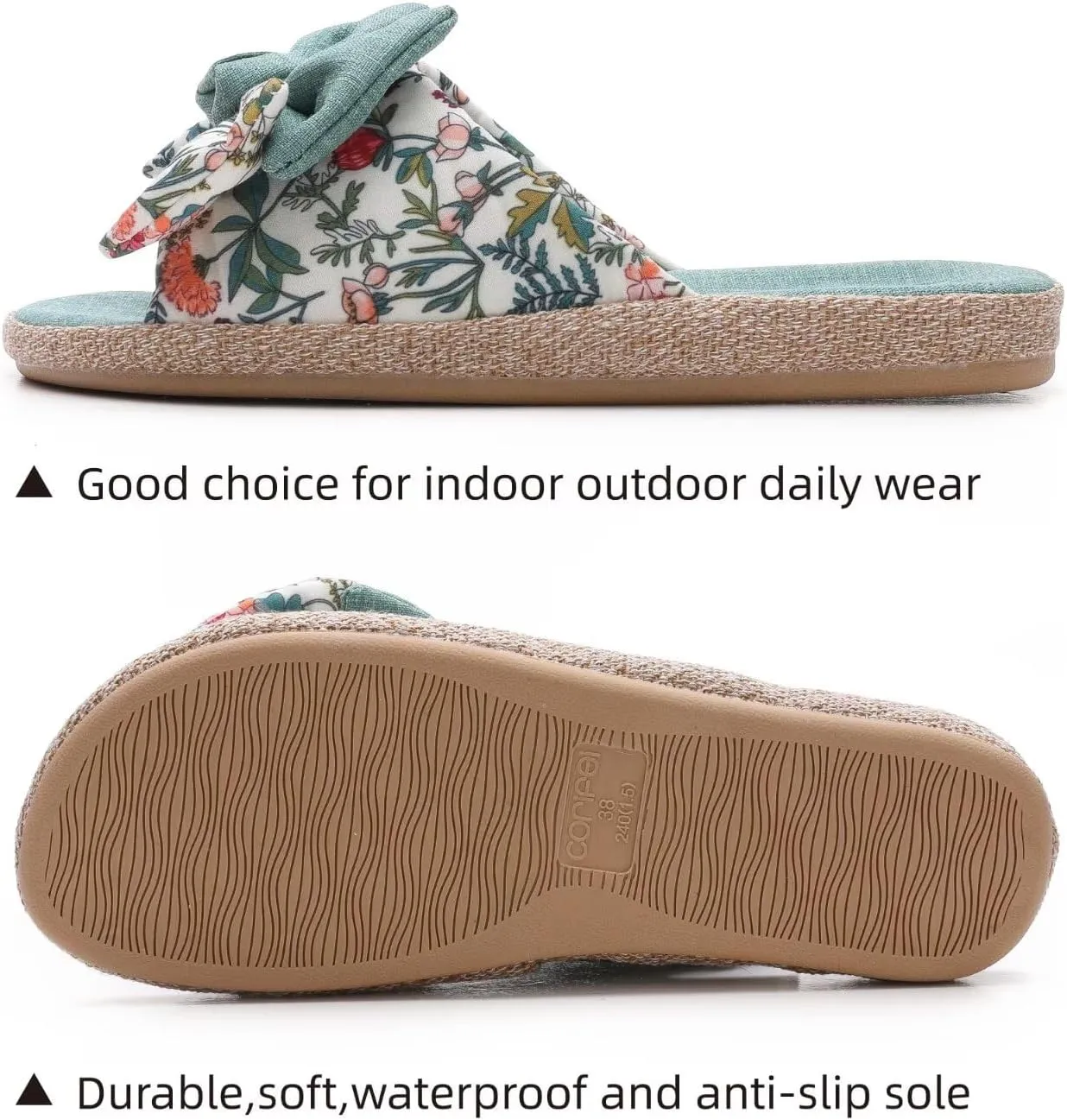 House Slippers for Women with Bow Comfy Indoor Open Toe Slides with Low Arch Support Rubber Sole for Summer