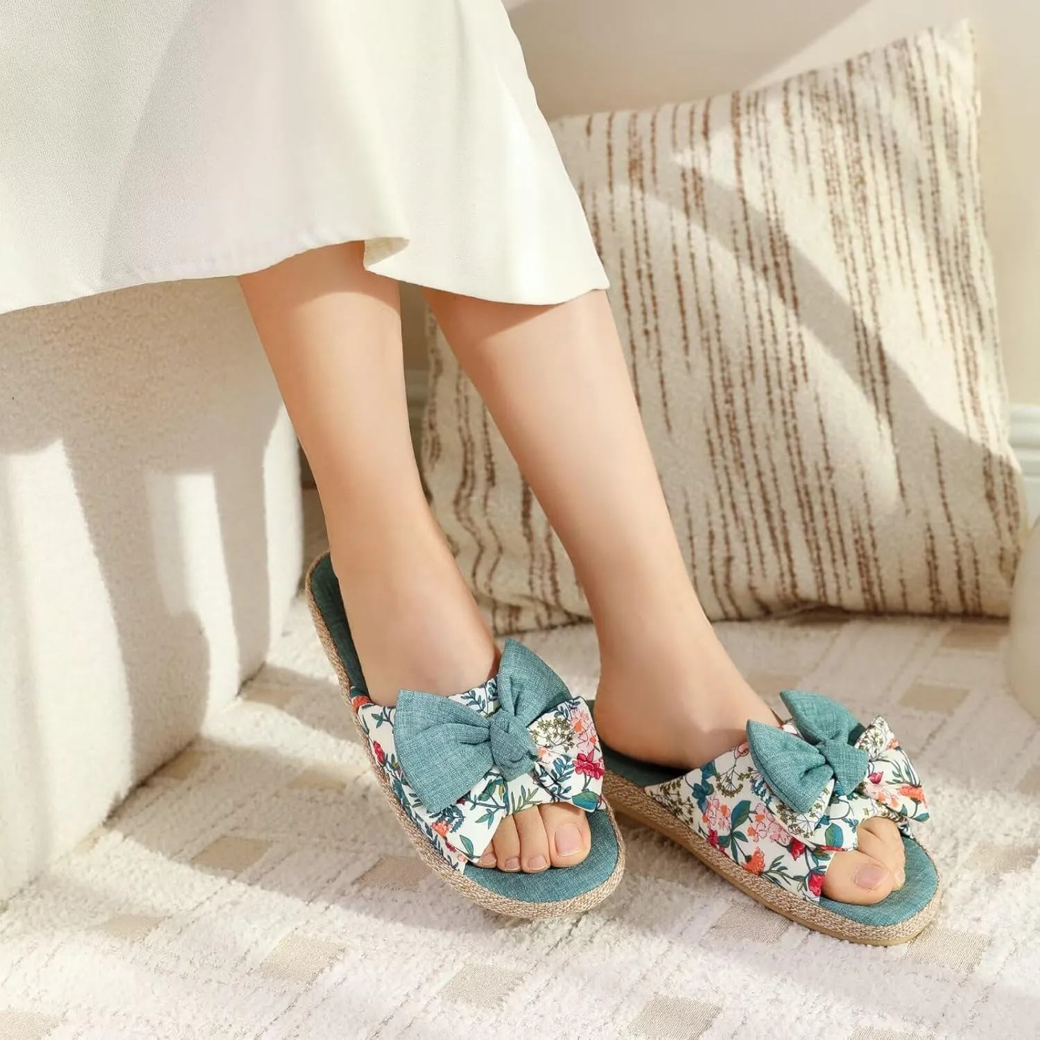 House Slippers for Women with Bow Comfy Indoor Open Toe Slides with Low Arch Support Rubber Sole for Summer