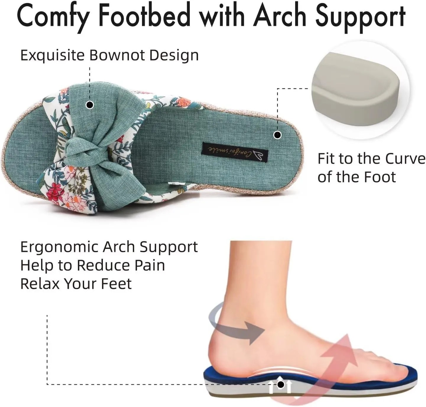 House Slippers for Women with Bow Comfy Indoor Open Toe Slides with Low Arch Support Rubber Sole for Summer