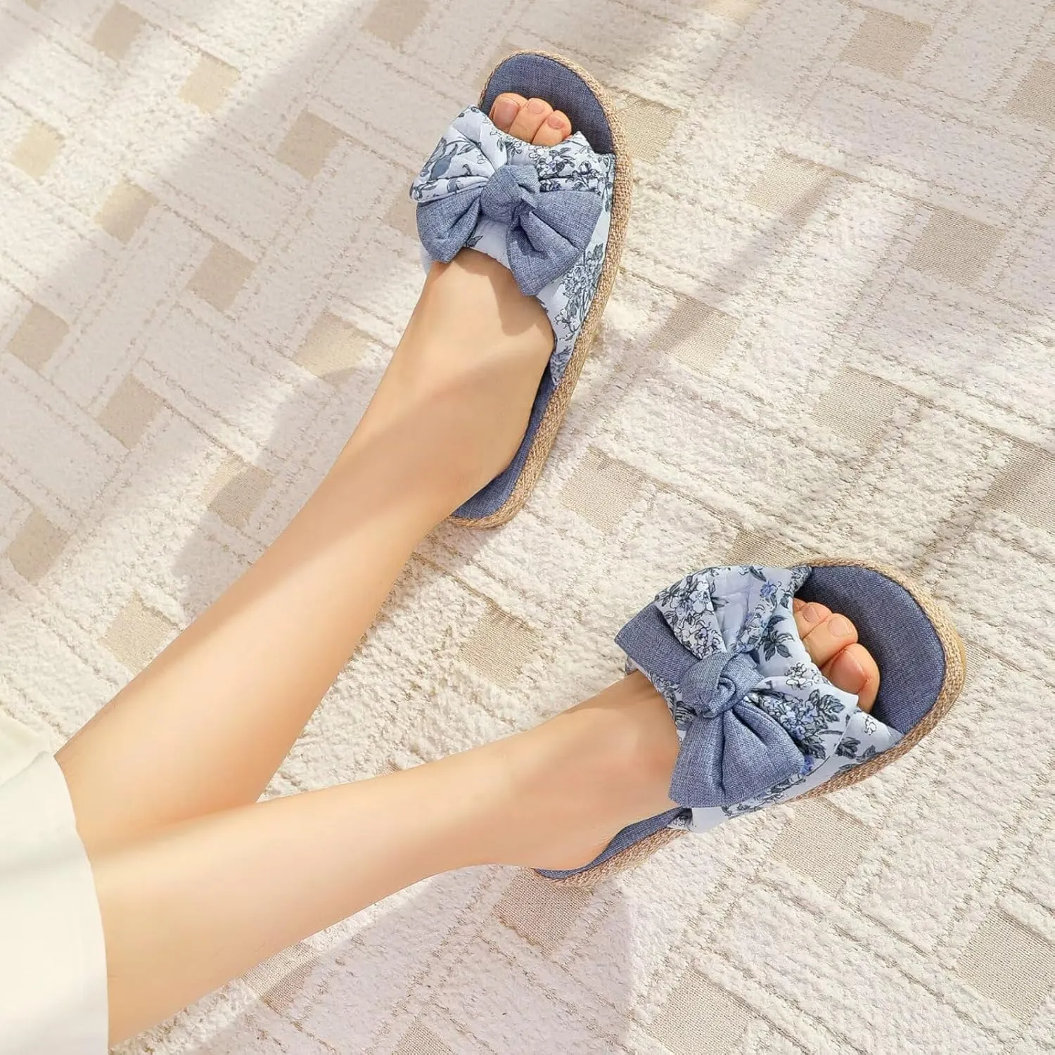 House Slippers for Women with Bow Comfy Indoor Open Toe Slides with Low Arch Support Rubber Sole for Summer