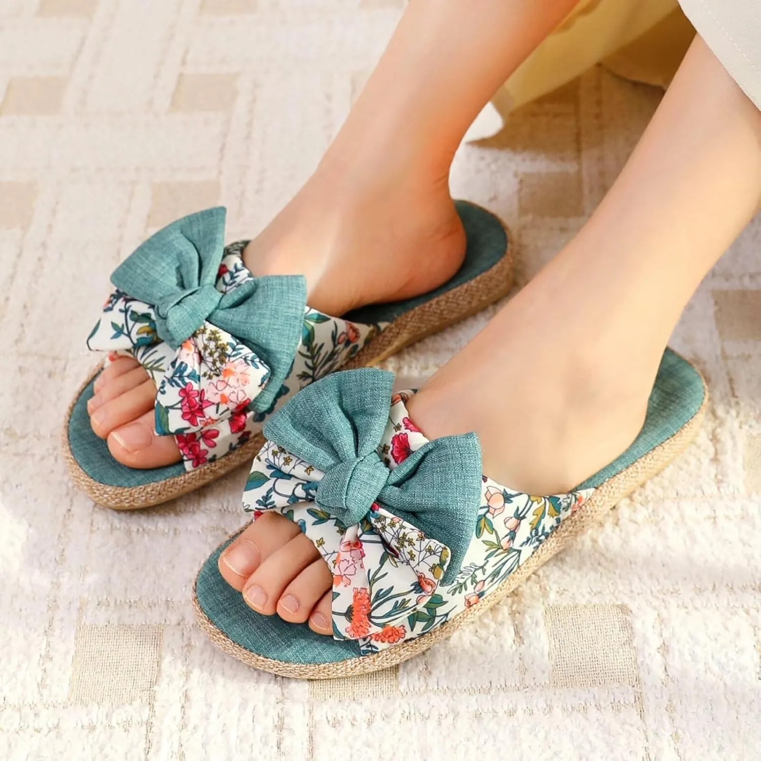 House Slippers for Women with Bow Comfy Indoor Open Toe Slides with Low Arch Support Rubber Sole for Summer