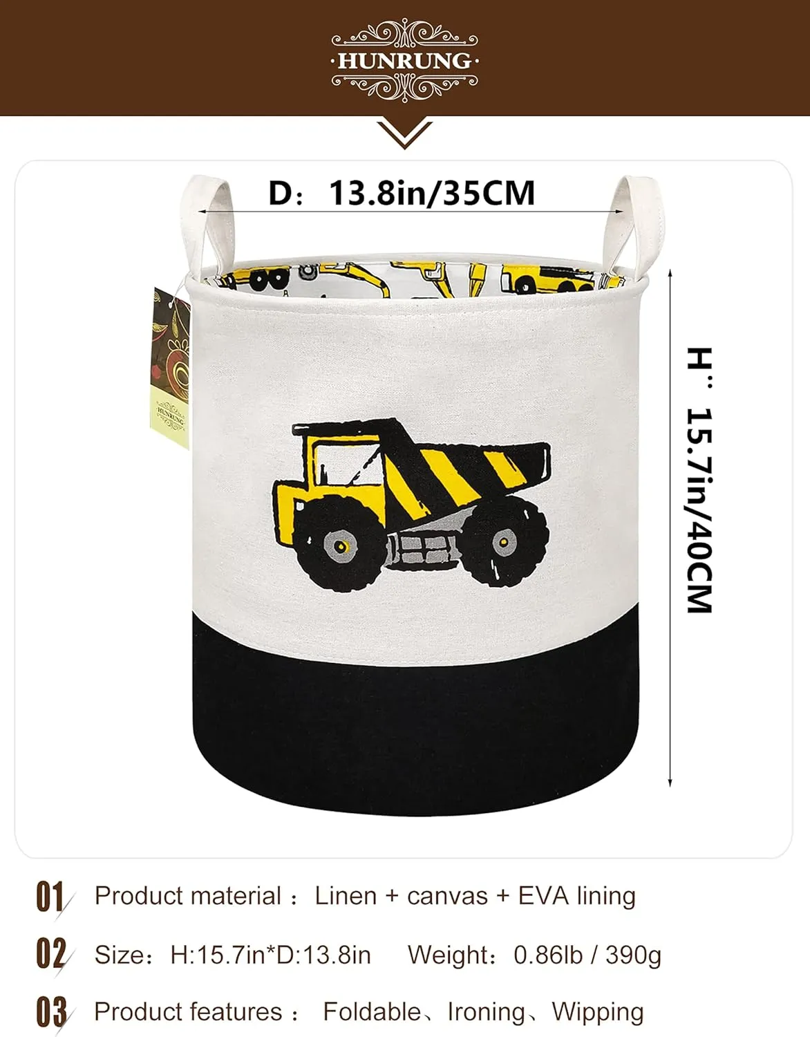HUNRUNG Large Laundry Hamper,Cartoon Organizer Bin for Children Nursery,Toys,Laundry,Children Clothing,Gift Baskets(Engineering)