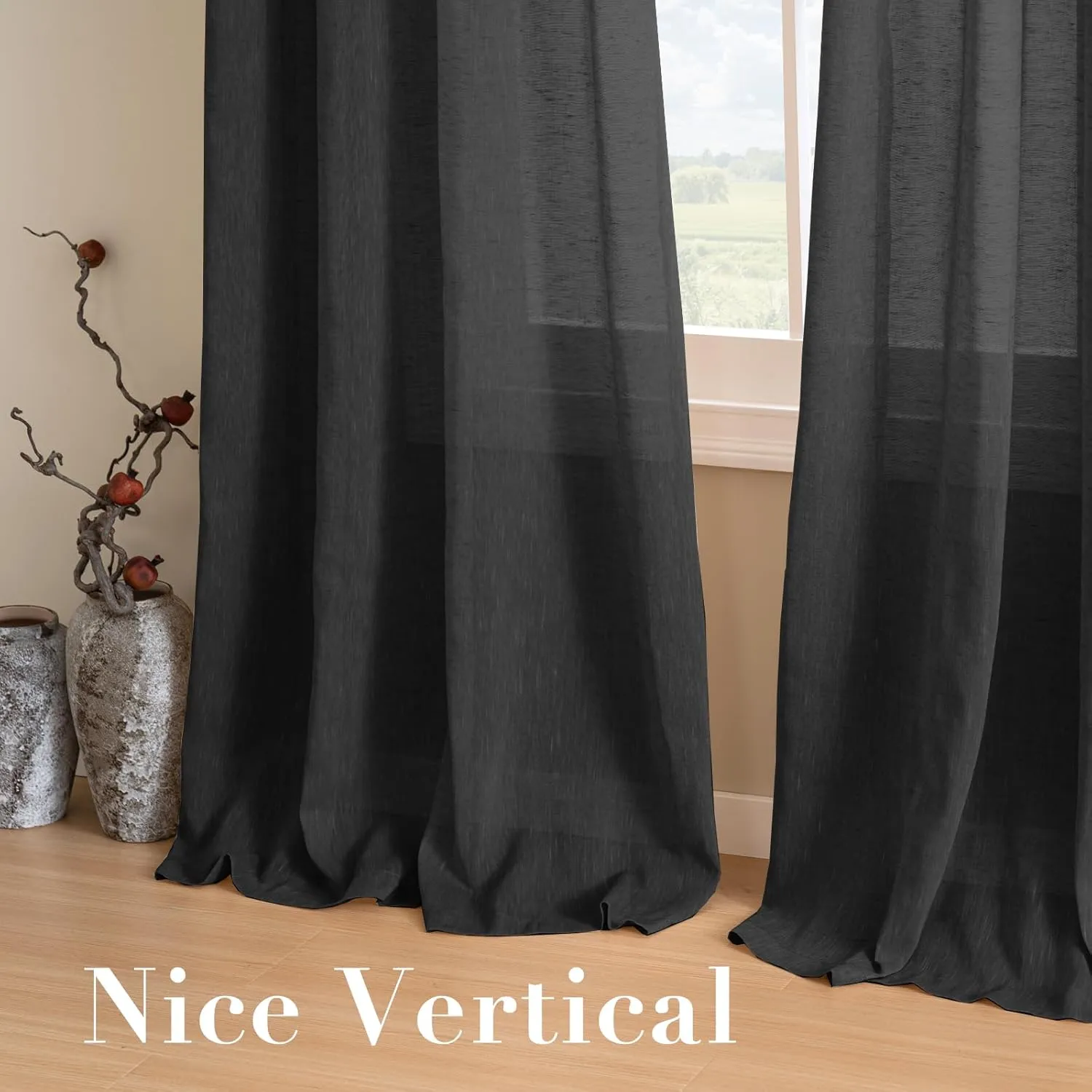 H.VERSAILTEX Linen Curtains Natural Blended Curtain Panels for Living Room/Light Reducing Linen Semi Sheer Curtains 63 inch Length 2 Panels Set Nickel Grommet Window Panels, 52" x 63", Black