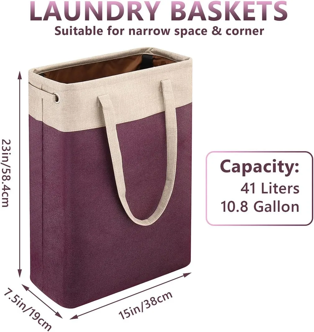 i BKGOO Laundry Basket with Handles Beige&Burgundy Slim Laundry Bin Collapsible Dirty Clothes Basket Narrow Laundry Bag Foldable Dirty Hamper for Camping, Dorms, Apartments