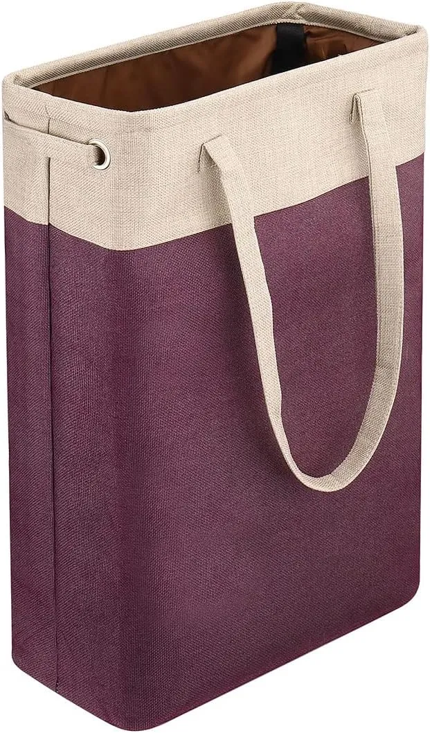i BKGOO Laundry Basket with Handles Beige&Burgundy Slim Laundry Bin Collapsible Dirty Clothes Basket Narrow Laundry Bag Foldable Dirty Hamper for Camping, Dorms, Apartments