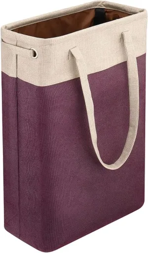 i BKGOO Laundry Basket with Handles Beige&Burgundy Slim Laundry Bin Collapsible Dirty Clothes Basket Narrow Laundry Bag Foldable Dirty Hamper for Camping, Dorms, Apartments