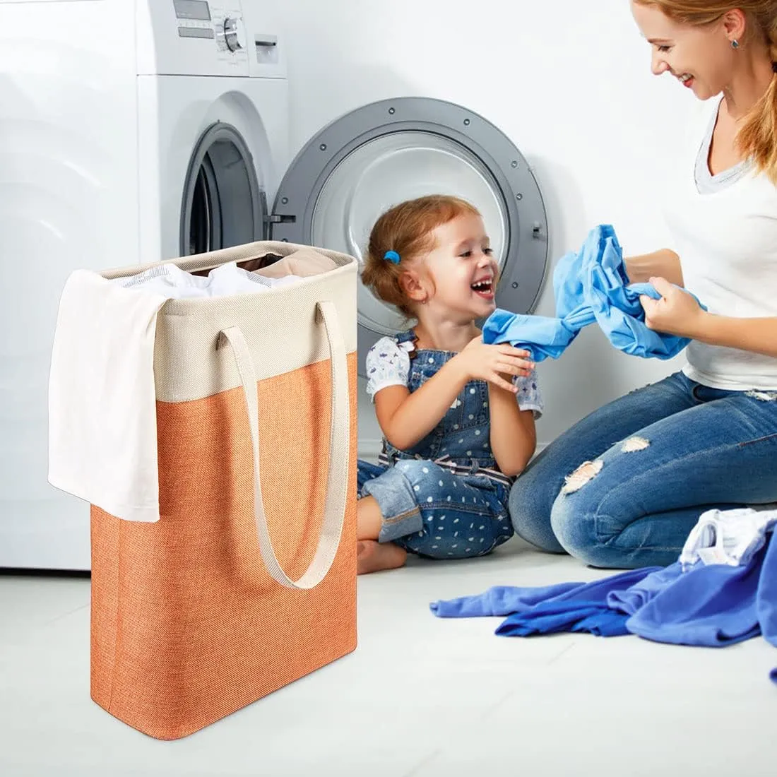 i BKGOO Laundry Basket with Handles Beige&Orange Slim Laundry Bin Collapsible Dirty Clothes Basket Narrow Laundry Bag Foldable Dirty Hamper for Camping, Dorms, Apartments
