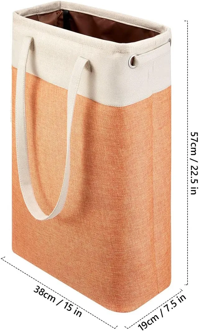 i BKGOO Laundry Basket with Handles Beige&Orange Slim Laundry Bin Collapsible Dirty Clothes Basket Narrow Laundry Bag Foldable Dirty Hamper for Camping, Dorms, Apartments