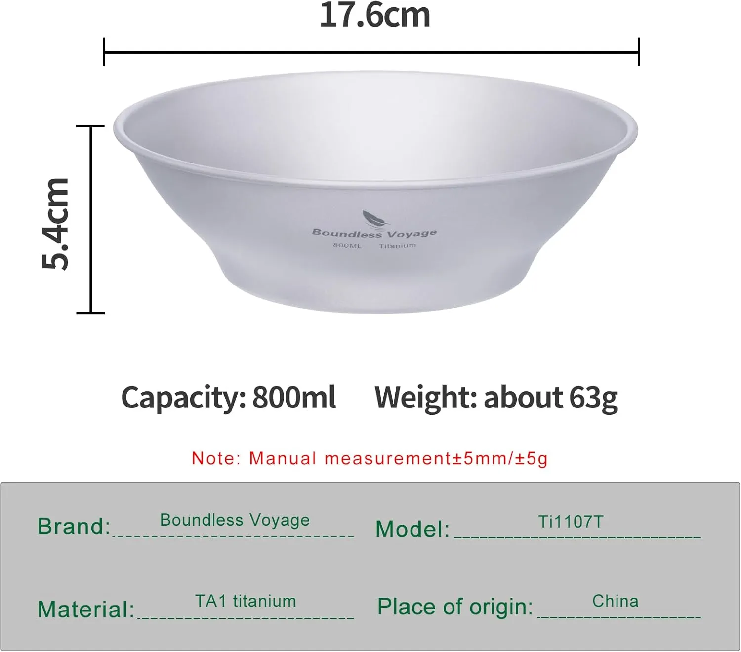 iBasingo 800ml Titanium Bowl Single-Walled Rice Salad Bowl Gym Fitness Bowl Ultralight Tableware Outdoor Camping Dinnerware Potable Stackable Kitchen Utensils with Carry Bag Ti1107T