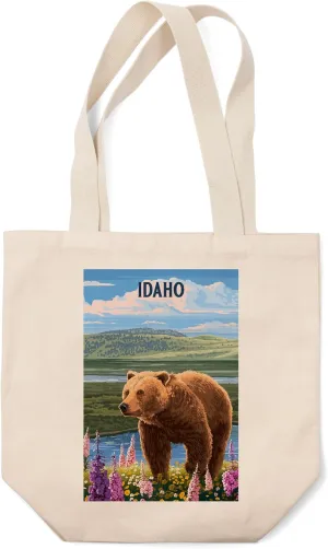 Idaho, Painterly, Grizzly Bear in Meadow (100% Cotton Canvas Reusable Tote Bag)