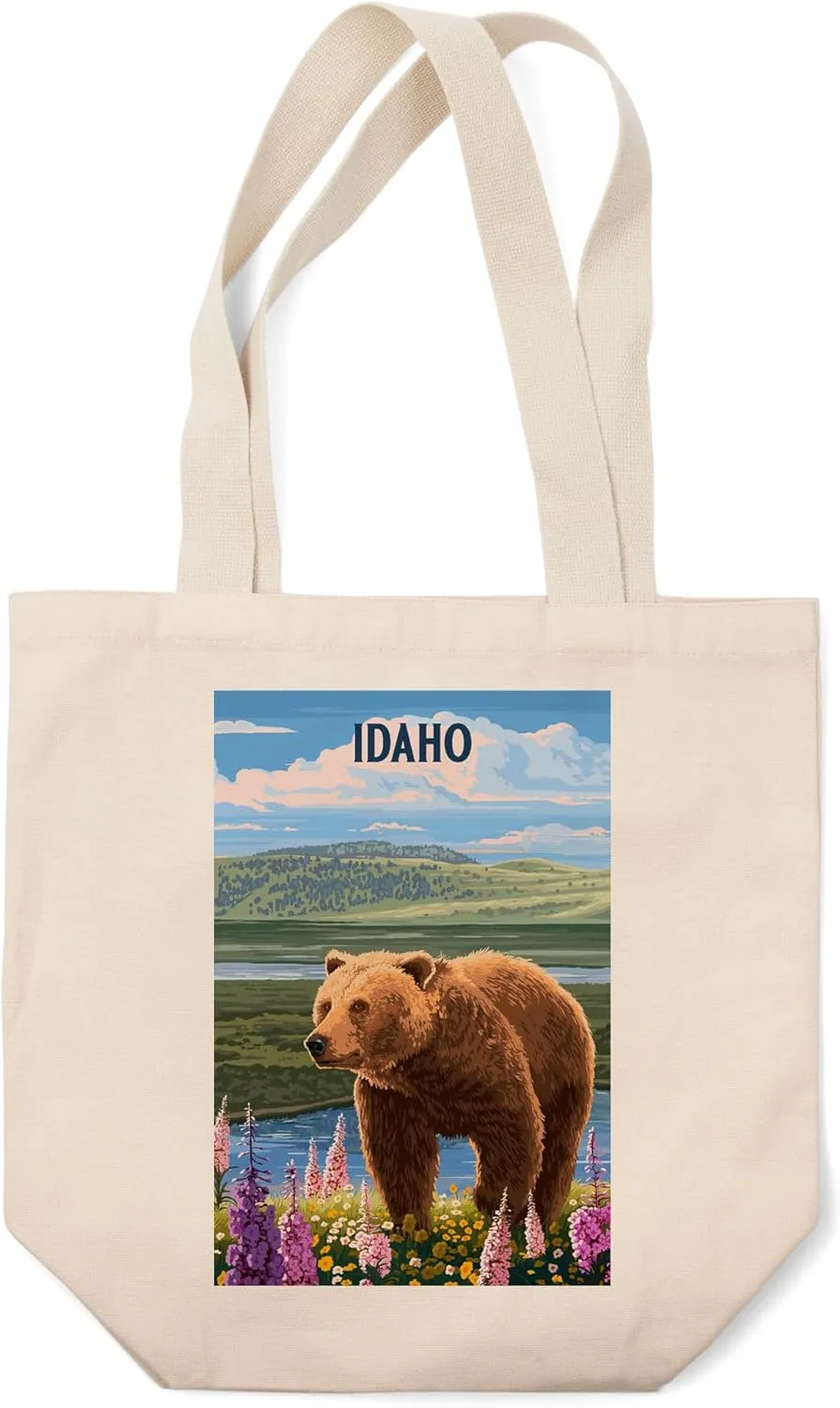 Idaho, Painterly, Grizzly Bear in Meadow (100% Cotton Canvas Reusable Tote Bag)