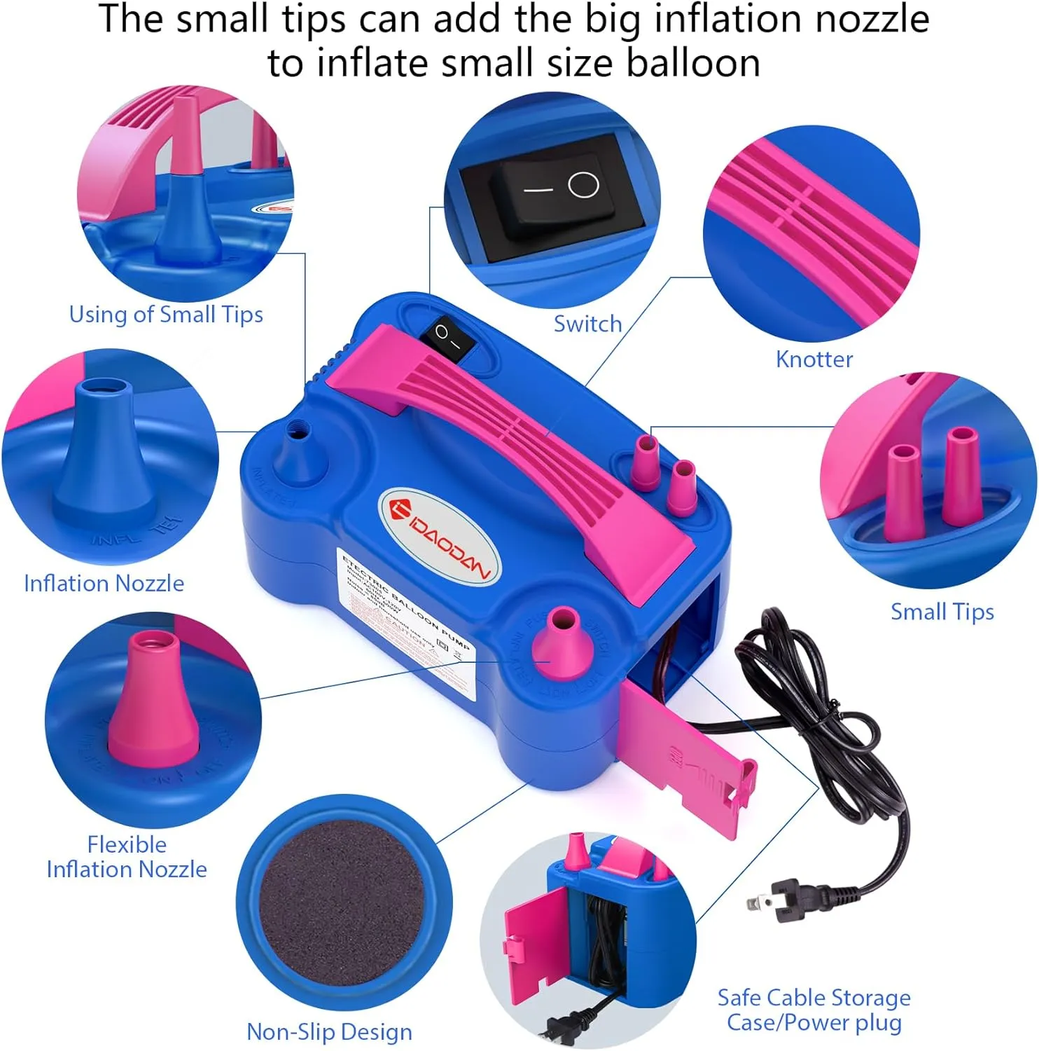 IDAODAN Electric Balloon Pump, Portable Electric Balloon Blower Machine Balloon Air Pump Dual Nozzle Rose Red 110V 600W Balloon Inflator for Party Decorations