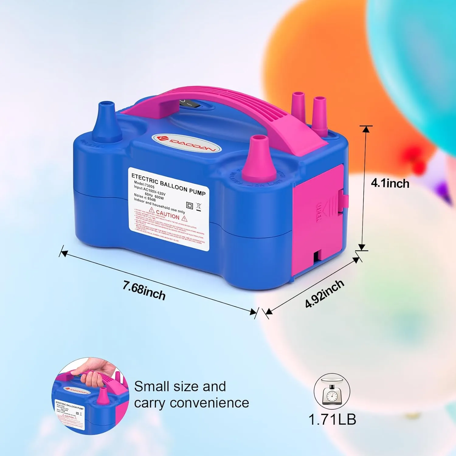 IDAODAN Electric Balloon Pump, Portable Electric Balloon Blower Machine Balloon Air Pump Dual Nozzle Rose Red 110V 600W Balloon Inflator for Party Decorations