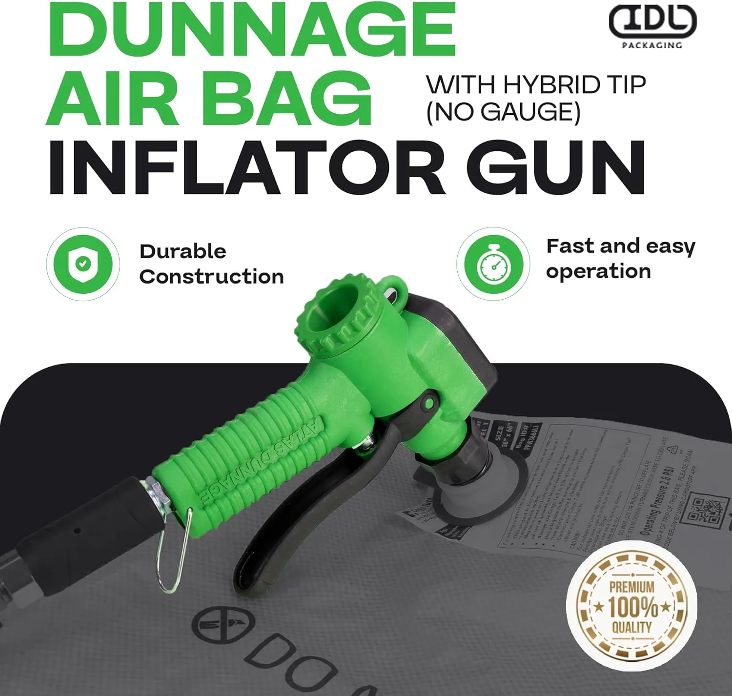 IDL Packaging Dunnage Air Bag Inflator Gun - Connects to Air Line With Hybrid Tip (No Gauge) for Cargo Protection