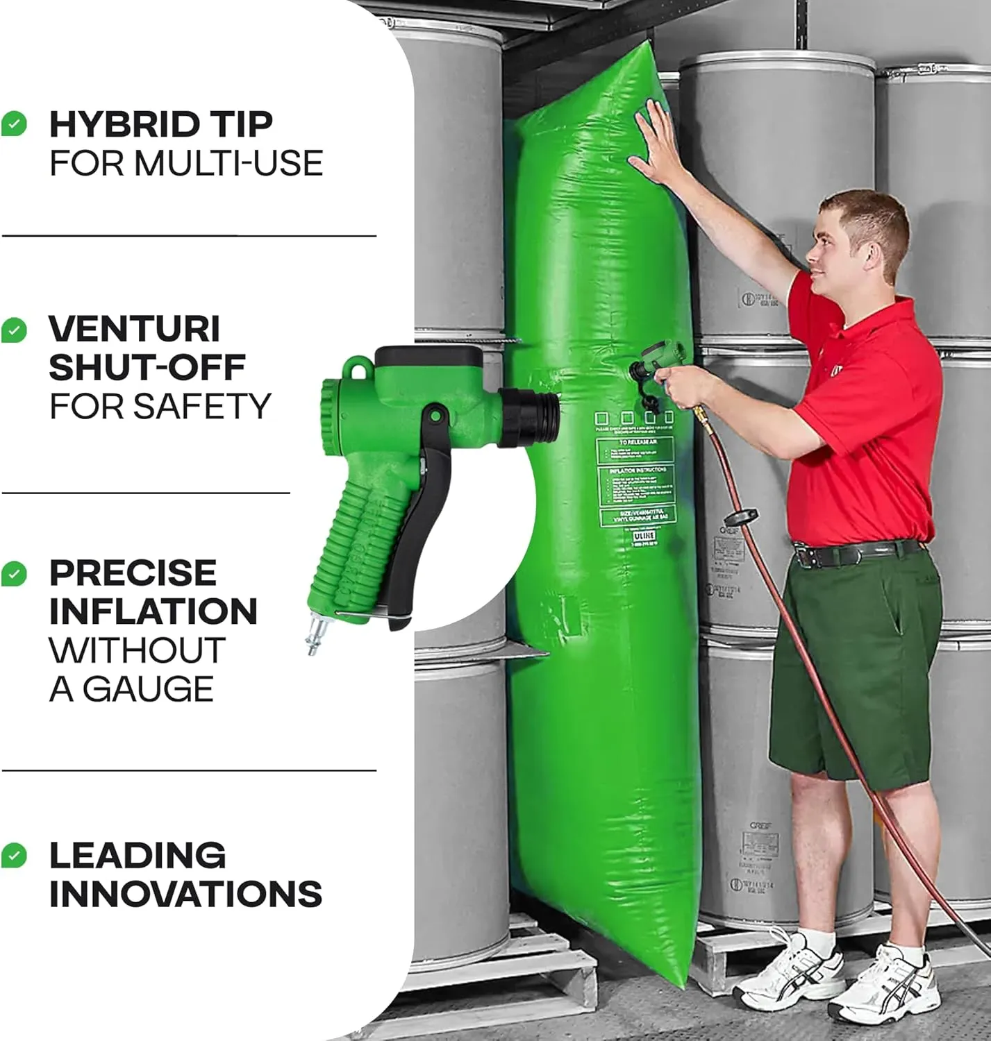 IDL Packaging Dunnage Air Bag Inflator Gun - Connects to Air Line With Hybrid Tip (No Gauge) for Cargo Protection