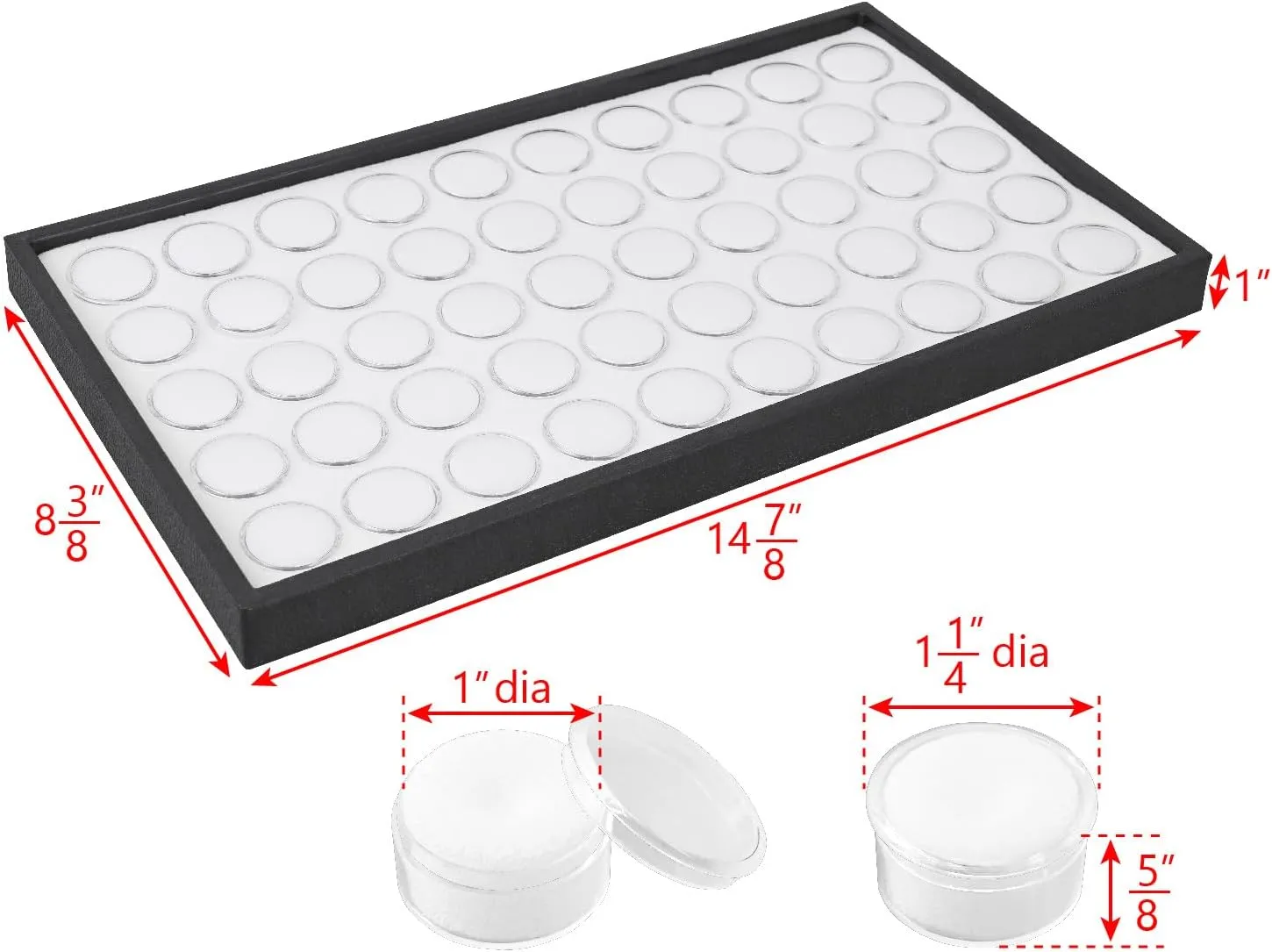 Ikee Design White Foam Gem Jars Showcase Stackable Display Tray for Collectibles, Home Organization Storage Box with 50 Gemstones and Bead Storage Jars, White Foam/Black Tray