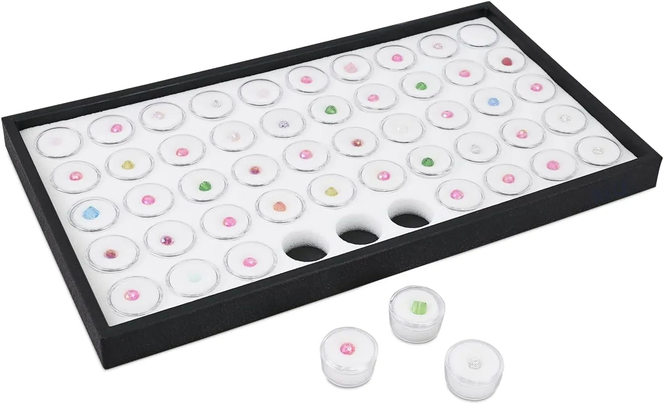 Ikee Design White Foam Gem Jars Showcase Stackable Display Tray for Collectibles, Home Organization Storage Box with 50 Gemstones and Bead Storage Jars, White Foam/Black Tray