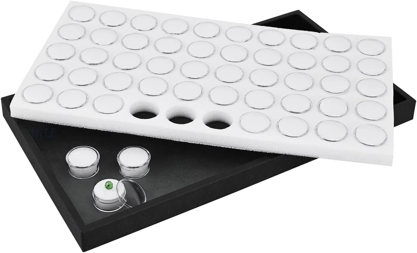 Ikee Design White Foam Gem Jars Showcase Stackable Display Tray for Collectibles, Home Organization Storage Box with 50 Gemstones and Bead Storage Jars, White Foam/Black Tray