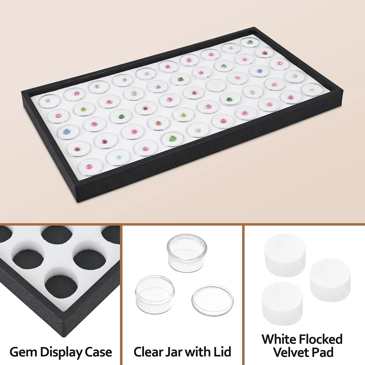Ikee Design White Foam Gem Jars Showcase Stackable Display Tray for Collectibles, Home Organization Storage Box with 50 Gemstones and Bead Storage Jars, White Foam/Black Tray