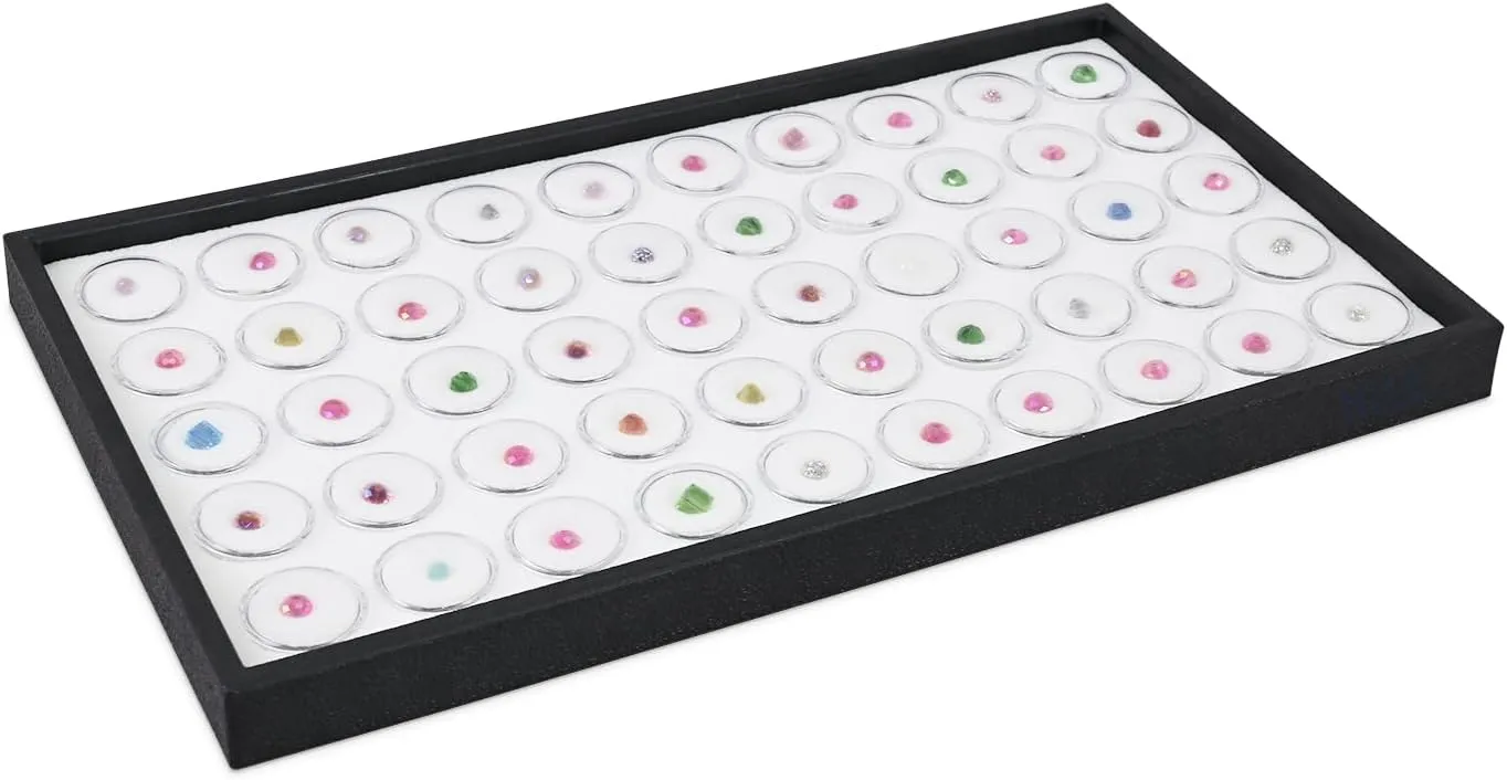 Ikee Design White Foam Gem Jars Showcase Stackable Display Tray for Collectibles, Home Organization Storage Box with 50 Gemstones and Bead Storage Jars, White Foam/Black Tray