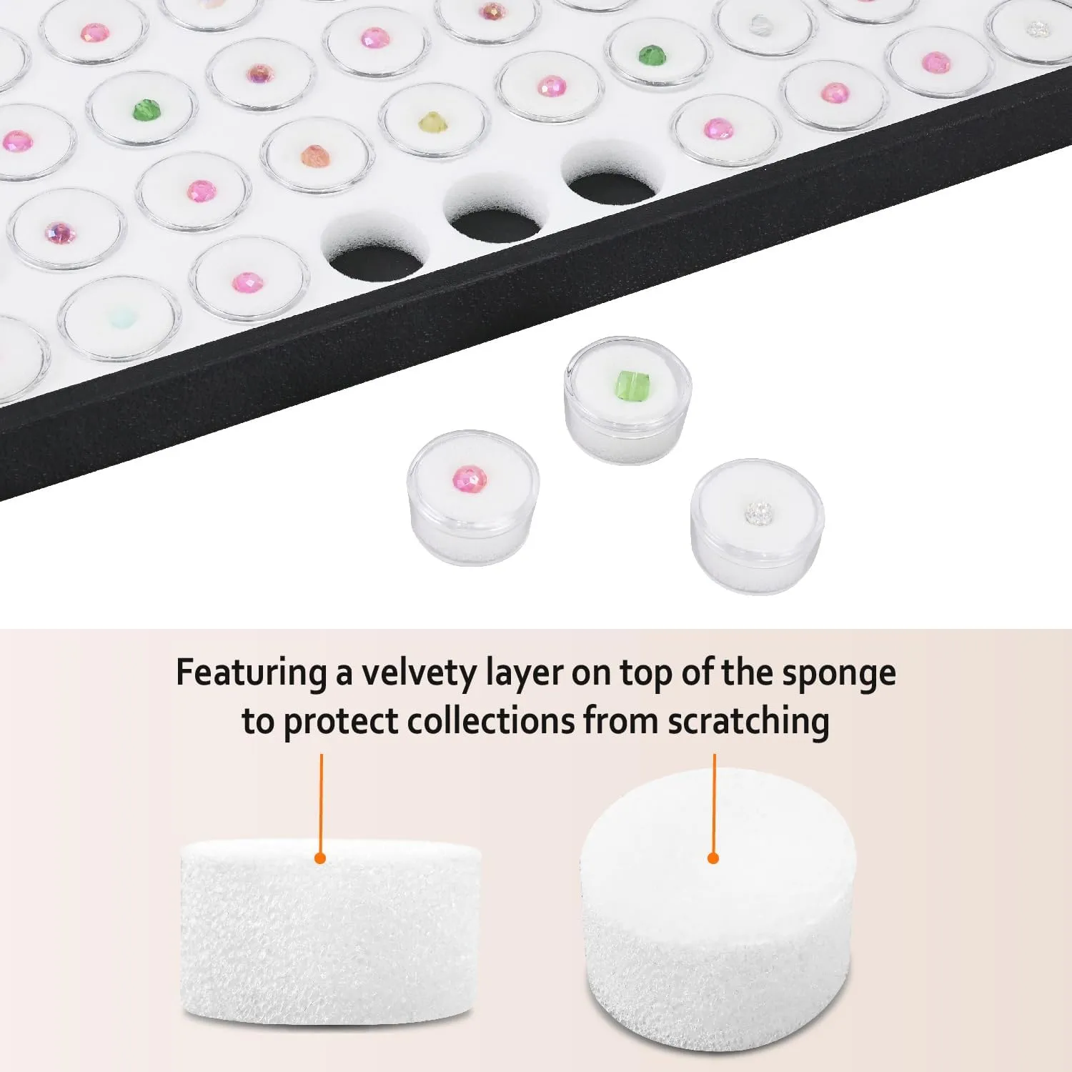 Ikee Design White Foam Gem Jars Showcase Stackable Display Tray for Collectibles, Home Organization Storage Box with 50 Gemstones and Bead Storage Jars, White Foam/Black Tray