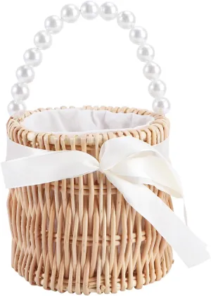 IMIKEYA Wicker Rattan Flower Girl Basket, Wedding Stylish Decorative Shoulder Pouch Baskets with Pearl Handle Bowknot Decorative for Wedding Party Home Decoration