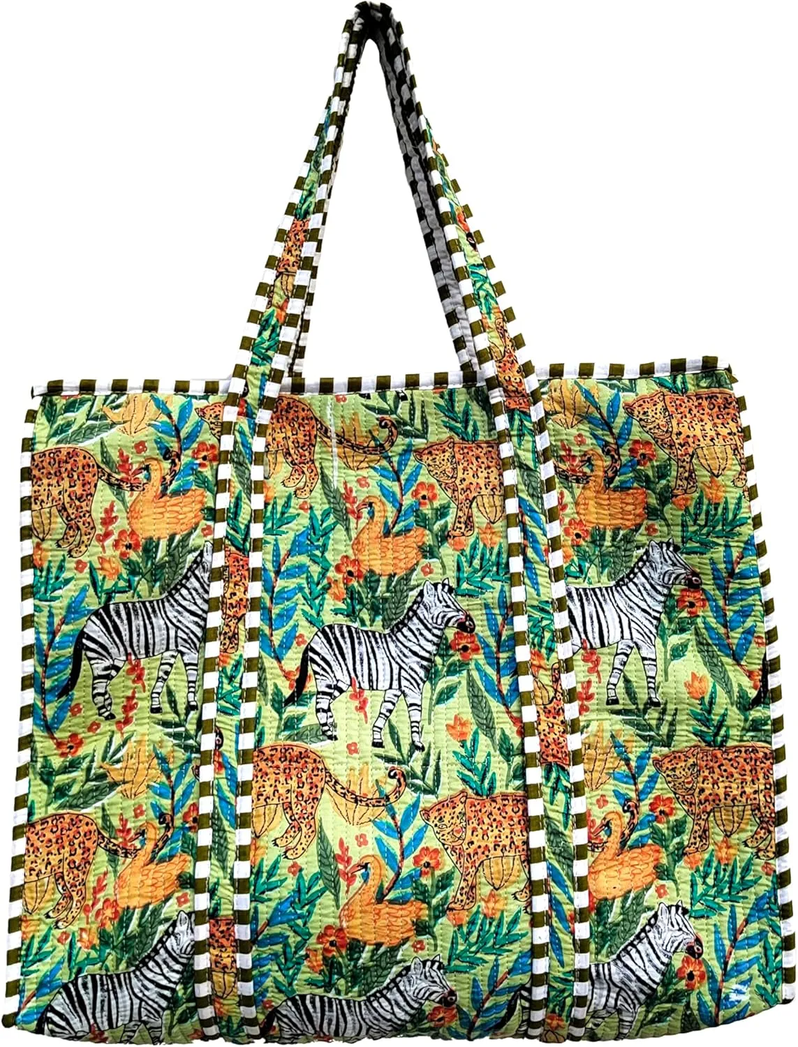 Indian Green Jungle Block Print Tote Bag Handmade Cotton Shopping Tote bag Unisex Quilted Shoulder Bag Gift For Her