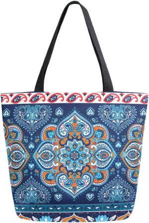 Indian Paisley Ornament Canvas Tote Bag Retro Mandala Ethic Women Shoulder Bag Reusable Grocery Bags Large Handbag Travel Shopping Bag for School Nursing Gift Outdoors