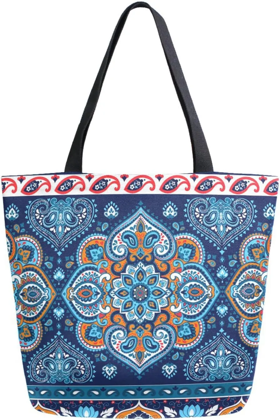 Indian Paisley Ornament Canvas Tote Bag Retro Mandala Ethic Women Shoulder Bag Reusable Grocery Bags Large Handbag Travel Shopping Bag for School Nursing Gift Outdoors