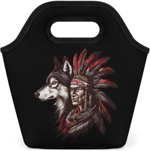 Indian Tribal Chief And Wolf Lunch Bag Handbag Lunchbag Dinner Handle Tote for Work Picnic