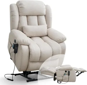 Infinite Position Lay Flat Lift Recliner Chair for Adults, Dual Motor Power Lift Chair for Elderly with Massage & Heating, USB Ports, Remote Control & Lumbar Pillow, Linen Fabric (Ivory)