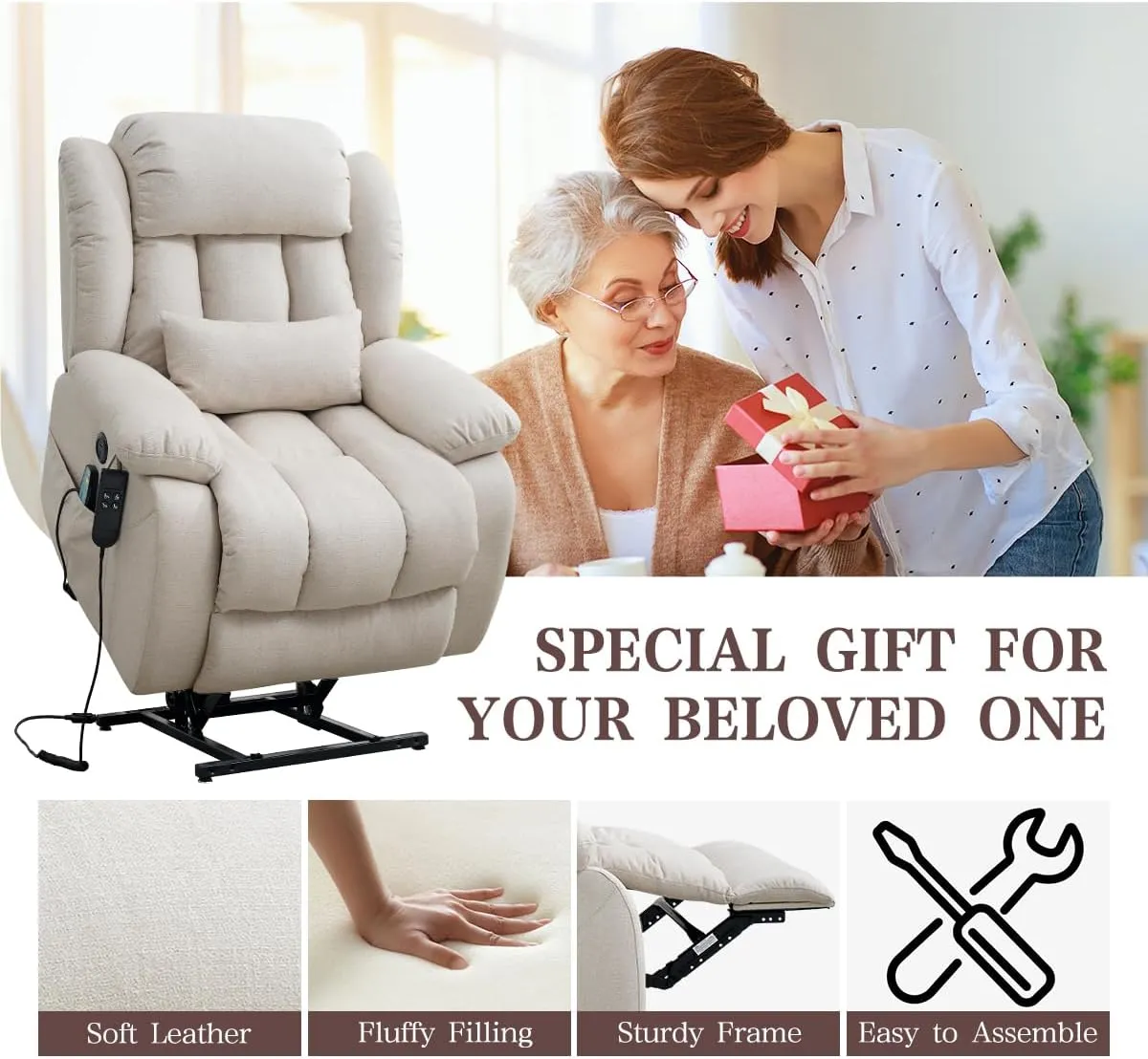 Infinite Position Lay Flat Lift Recliner Chair for Adults, Dual Motor Power Lift Chair for Elderly with Massage & Heating, USB Ports, Remote Control & Lumbar Pillow, Linen Fabric (Ivory)