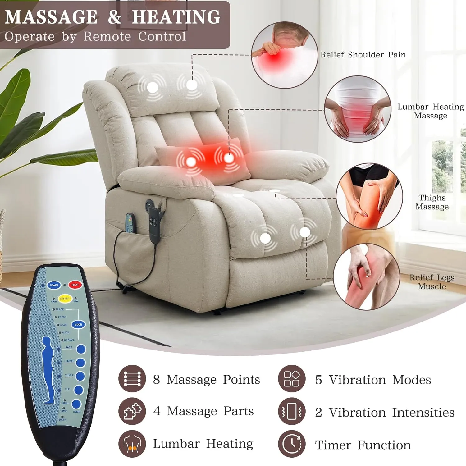 Infinite Position Lay Flat Lift Recliner Chair for Adults, Dual Motor Power Lift Chair for Elderly with Massage & Heating, USB Ports, Remote Control & Lumbar Pillow, Linen Fabric (Ivory)
