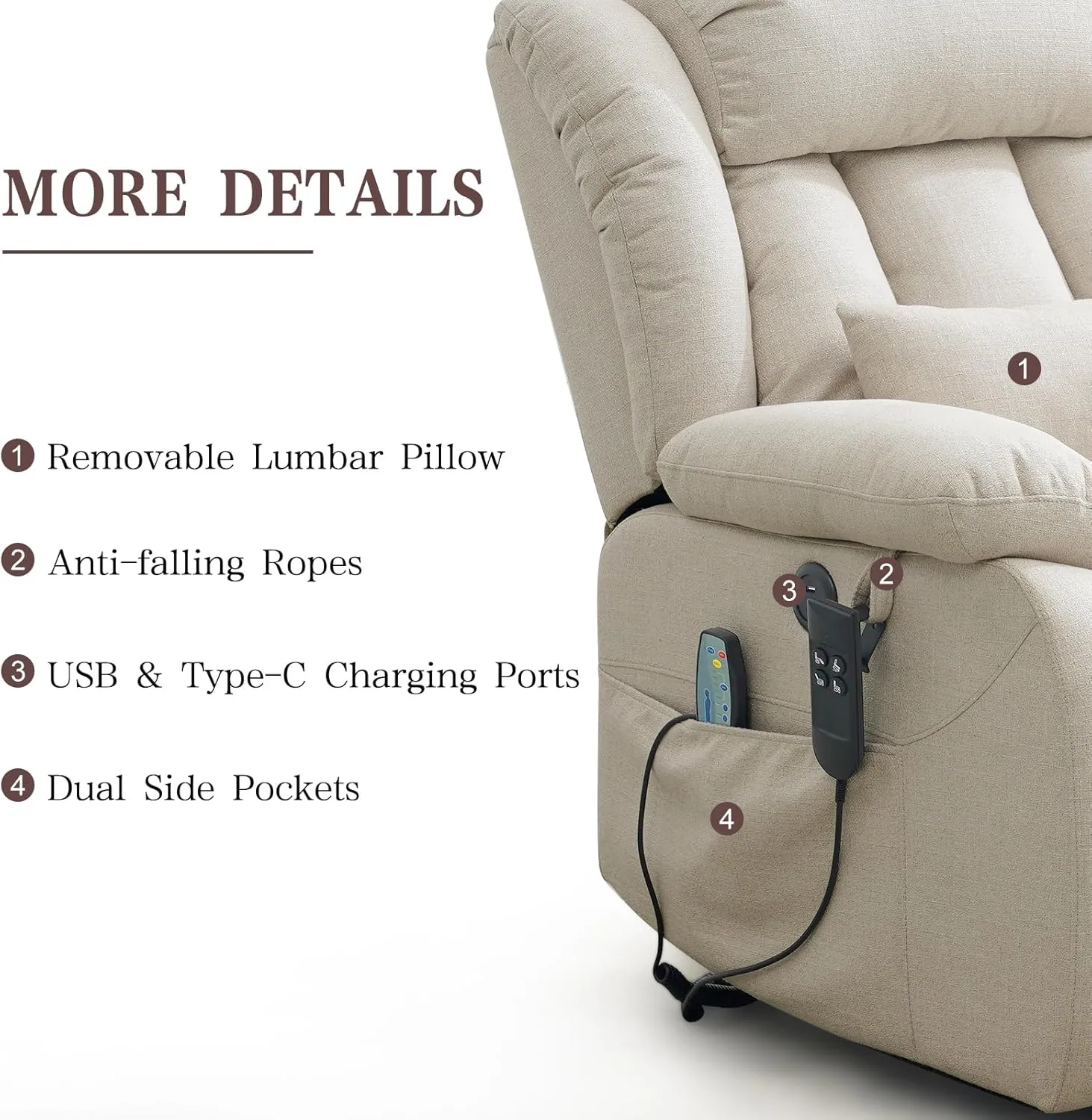 Infinite Position Lay Flat Lift Recliner Chair for Adults, Dual Motor Power Lift Chair for Elderly with Massage & Heating, USB Ports, Remote Control & Lumbar Pillow, Linen Fabric (Ivory)
