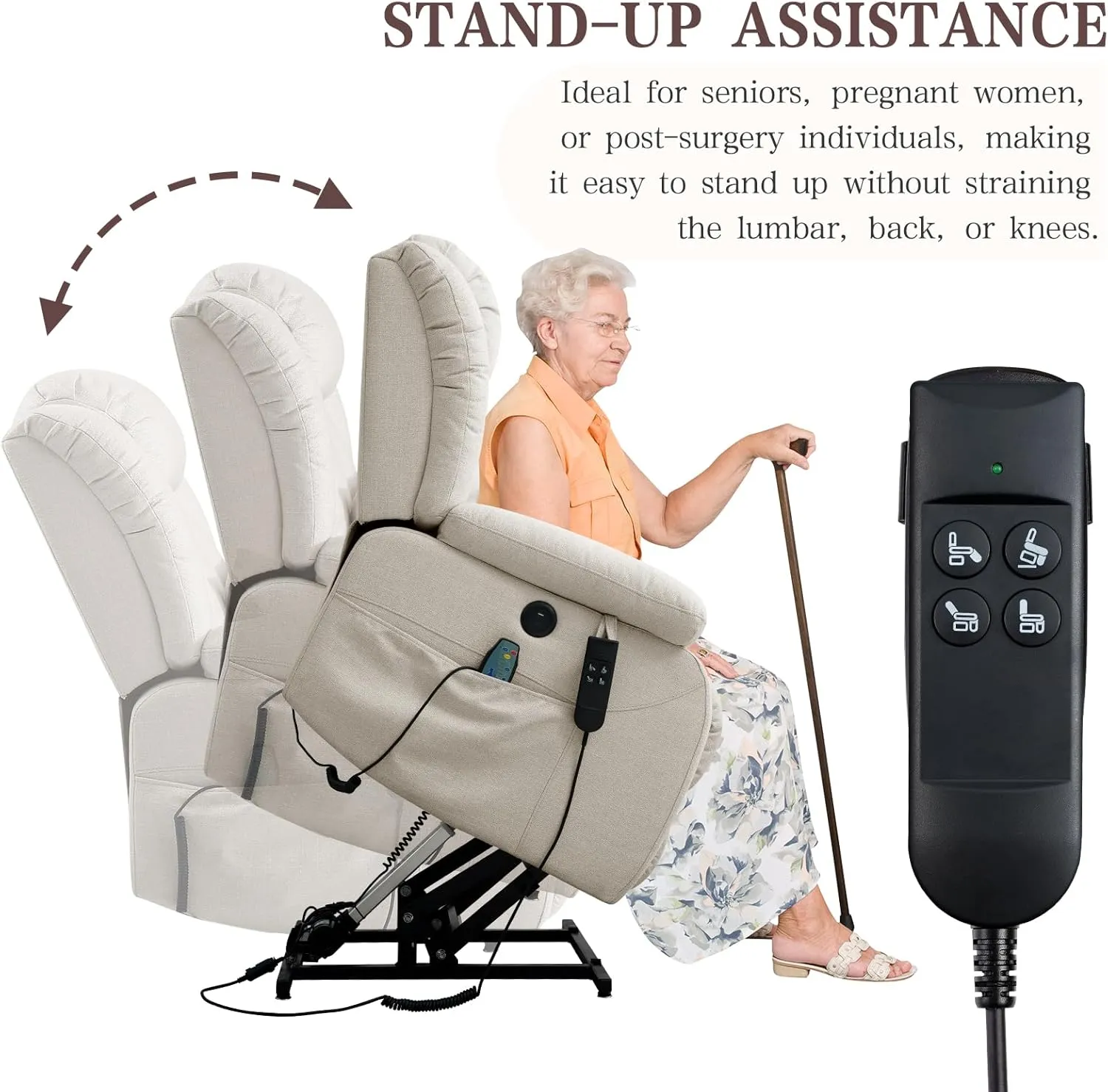 Infinite Position Lay Flat Lift Recliner Chair for Adults, Dual Motor Power Lift Chair for Elderly with Massage & Heating, USB Ports, Remote Control & Lumbar Pillow, Linen Fabric (Ivory)