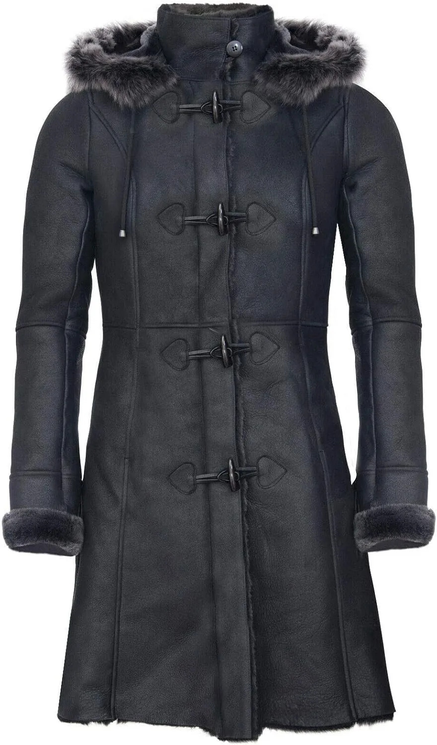 Infinity Leather Ladies Black Snowtip Merino Shearling Sheepskin Hooded Duffle Coat