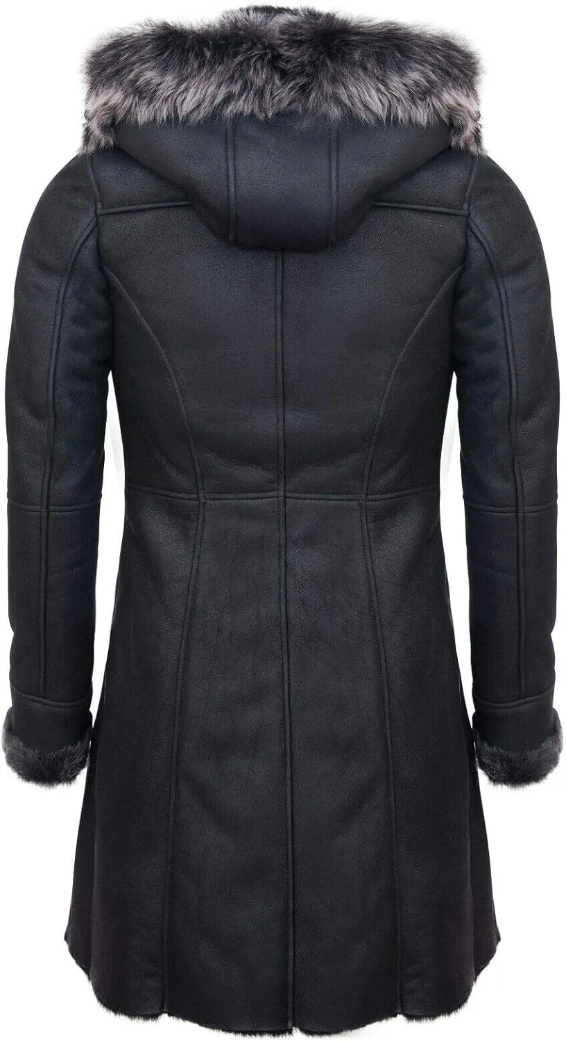 Infinity Leather Ladies Black Snowtip Merino Shearling Sheepskin Hooded Duffle Coat