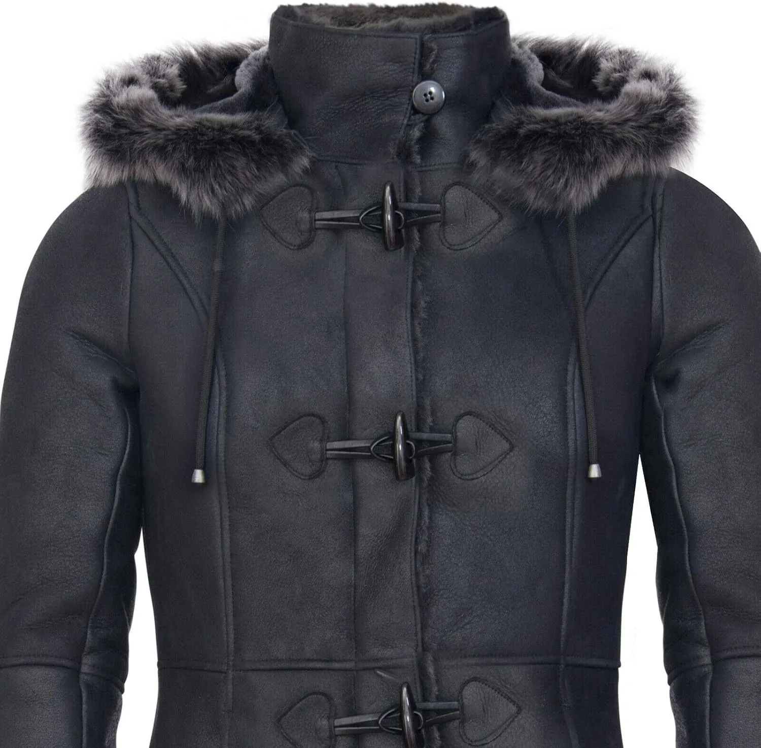 Infinity Leather Ladies Black Snowtip Merino Shearling Sheepskin Hooded Duffle Coat