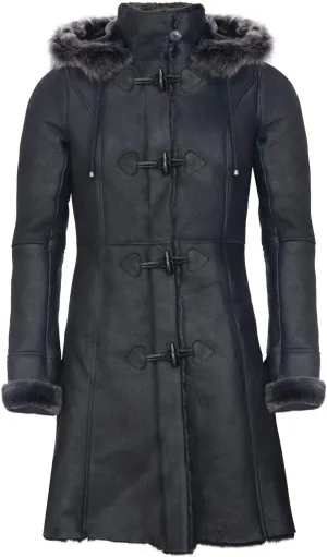 Infinity Leather Ladies Black Snowtip Merino Shearling Sheepskin Hooded Duffle Coat