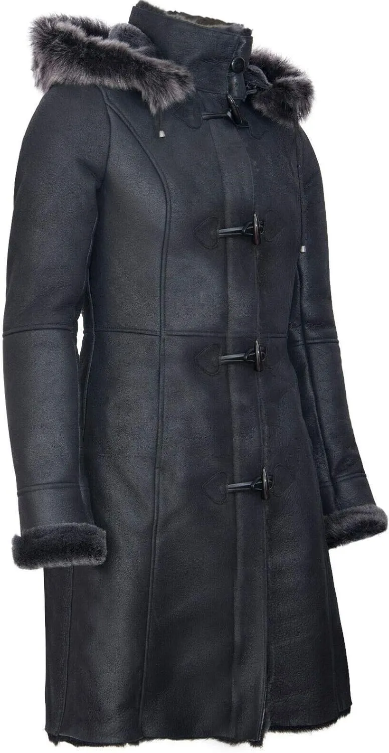 Infinity Leather Ladies Black Snowtip Merino Shearling Sheepskin Hooded Duffle Coat