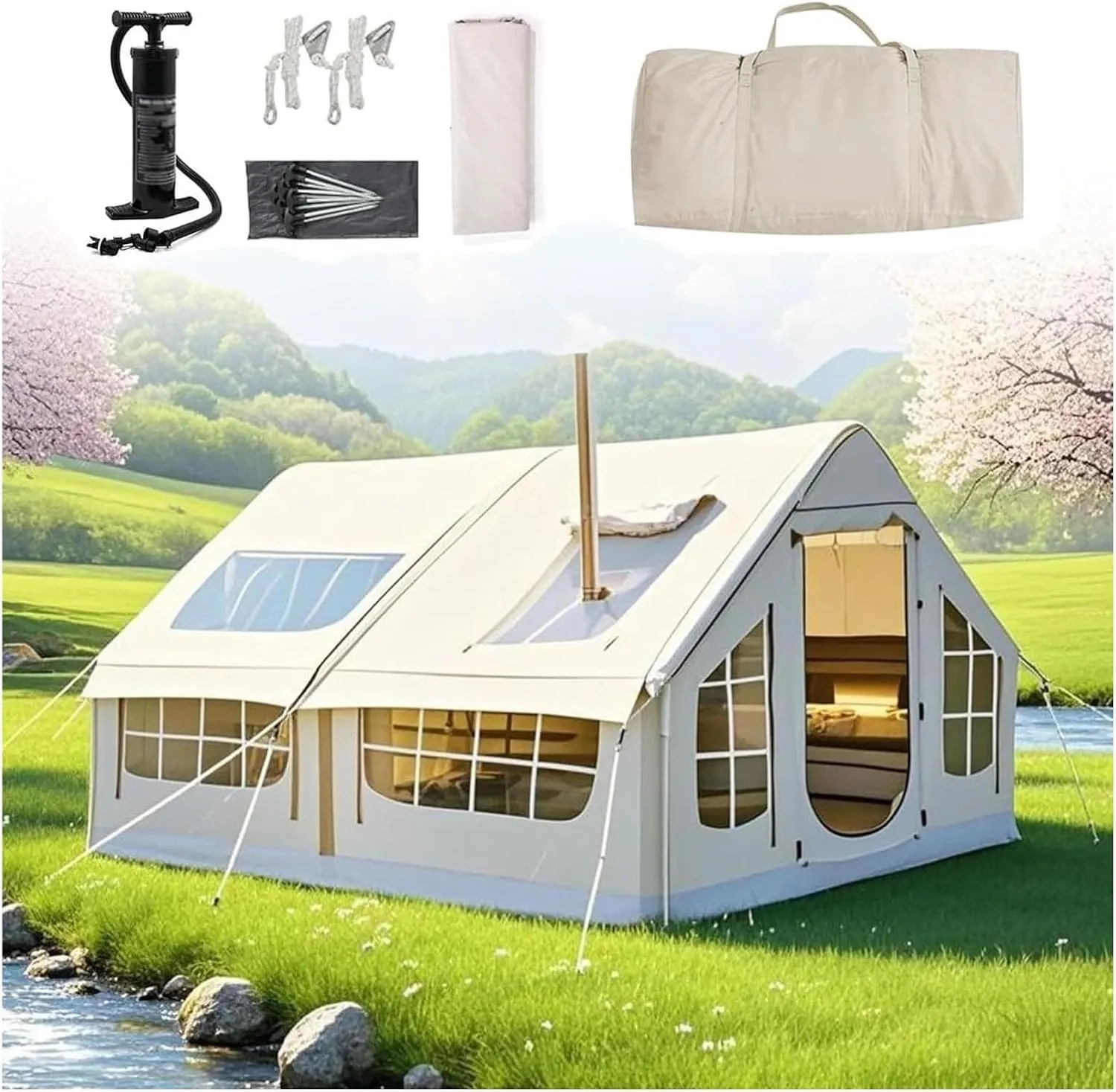 Inflatable Tents for Camping,Blow Up Tent, Quick Set Up Outdoor Camping Tent with Opening Chimney and Skylight Large Inflatable Tent