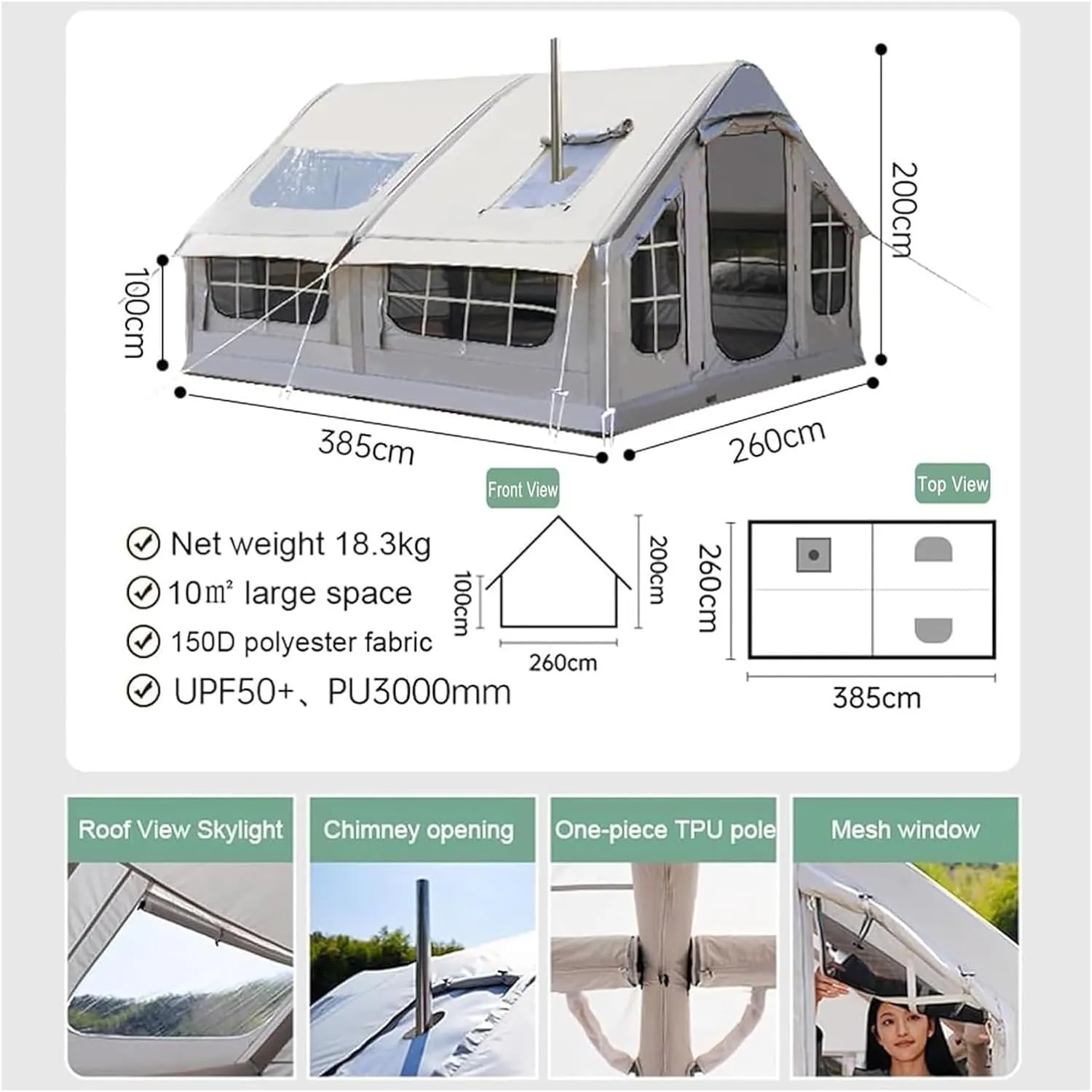 Inflatable Tents for Camping,Blow Up Tent, Quick Set Up Outdoor Camping Tent with Opening Chimney and Skylight Large Inflatable Tent