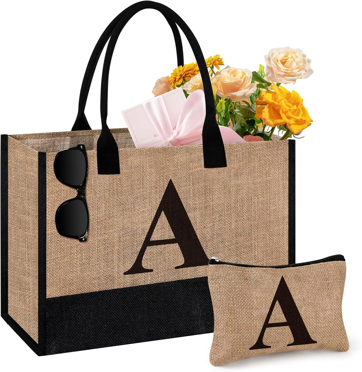 Initial Jute Tote Bag & Makeup Bag, Birthday Gifts for Women Her Mom Teachers Friends