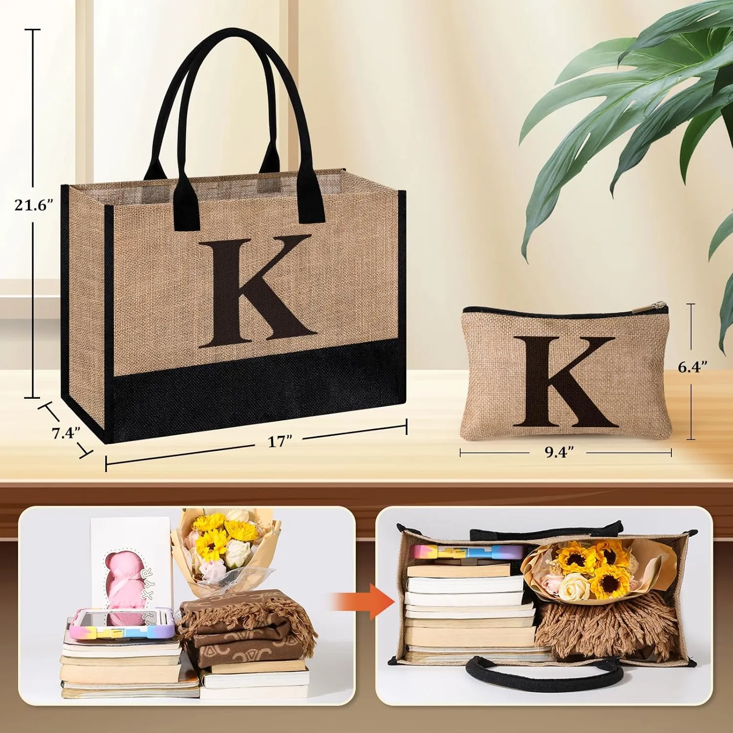 Initial Jute Tote Bag & Makeup Bag, Birthday Gifts for Women Her Mom Teachers Friends
