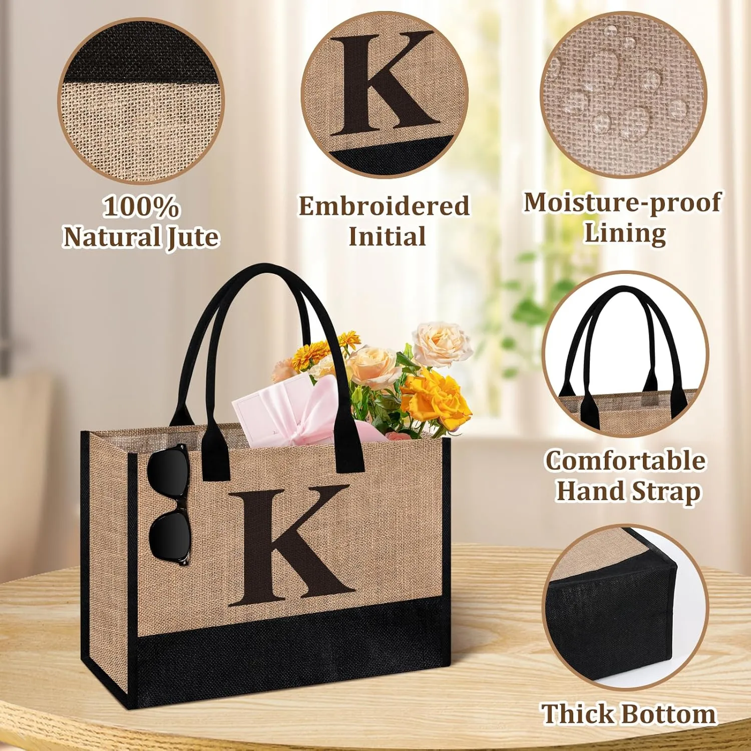 Initial Jute Tote Bag & Makeup Bag, Birthday Gifts for Women Her Mom Teachers Friends