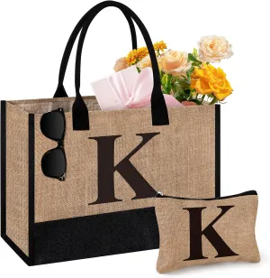 Initial Jute Tote Bag & Makeup Bag, Birthday Gifts for Women Her Mom Teachers Friends